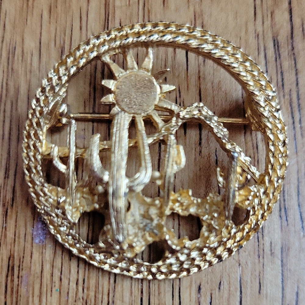 Unmarked Vintage Gold Cactus and Sun Brooch